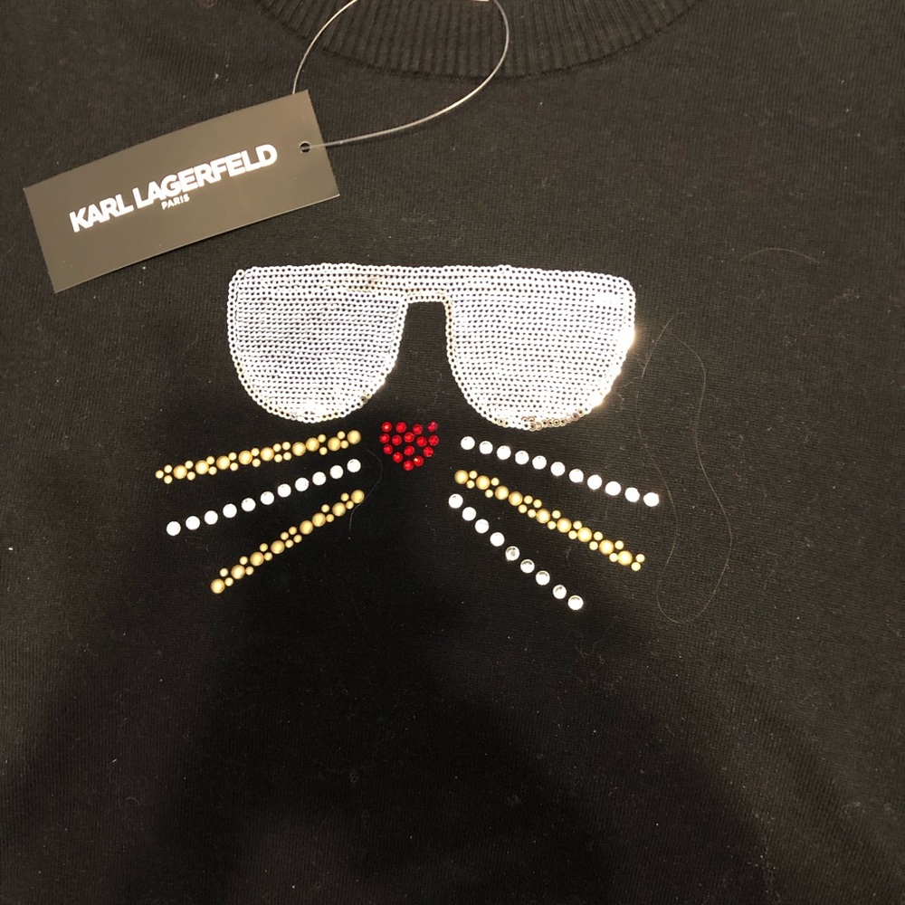 New Karl Lagerfeld Sweater Sequins Glasses and whiskers Large Choupette